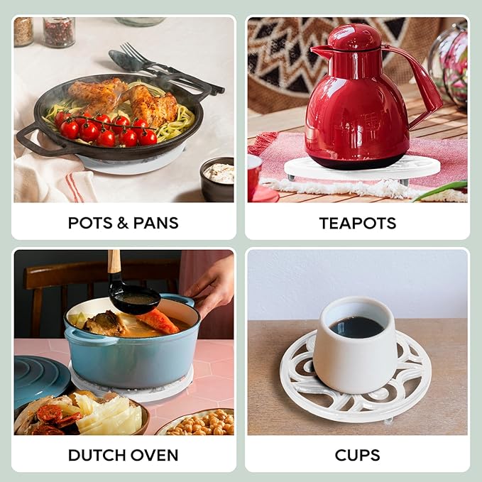 JOGREFUL Cast Iron Trivet Mats, Kitchen Pot Holders to Portect Table/Countertops, Heat Resistant Mats for Teapot/Hot Dishers/Plates, Vintage Mats with Weighted-Base, Vine Pattern, White