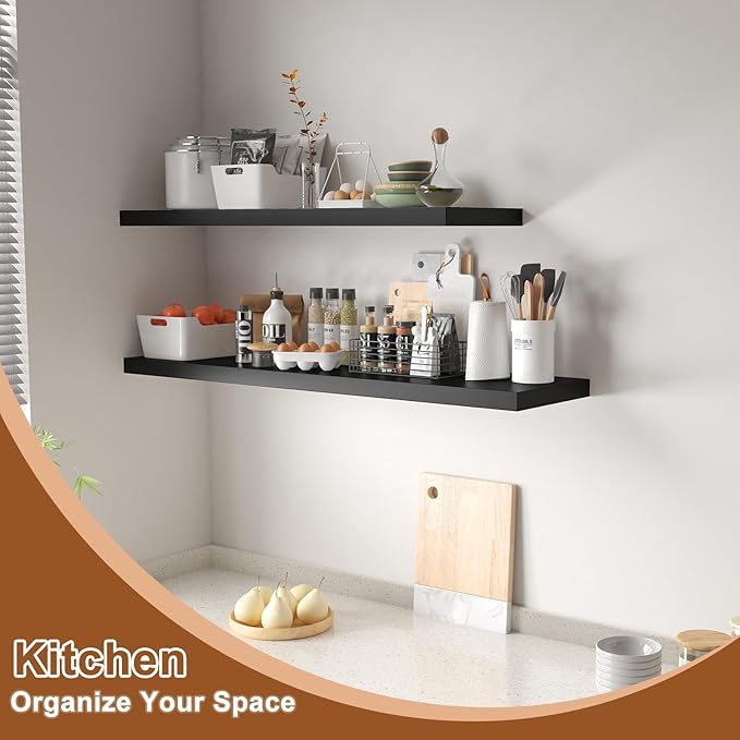 12 Inch Deep Floating Shelves for Wall 2 Pack Floating Shelfs Large Storage Space Wall Decor Display Shelf for Bathroom Living Room Bedroom Kitchen 48" W x 12" D x 1.2" H Black