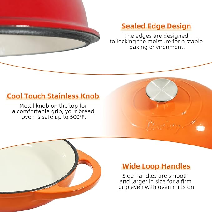 Davivy 6QT Oval Sourdough Bread Dutch Oven with Silicone Oven Mitts, Cast Iron Bread Pan Sourdough Pan with Lid, Enameled Cast Iron Bread Cloche Dutch Oven- Flame Orange