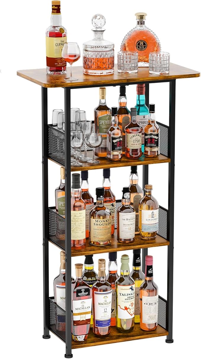 Wine Rack Freestanding Floor:4 Tier Whiskey Wine Rack Mini Bar Cart,Liquor Cabinet-Home Bar for Bottles,Cocktail Shaker,Mugs-(23.6 * 11.8 * 40inch)