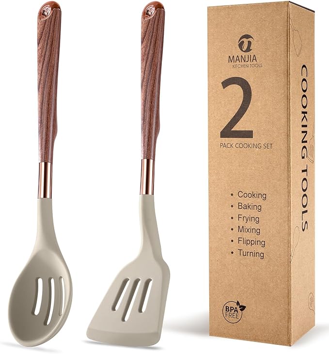 MANJIA Silicone Spatulas Set, Nonstick Silicone Spoon & Turner Spatula Set, Serving Spoon kitchen Spatula for Cooking Fish, Eggs,Flipper, Cooking Utensils Set 2pcs (khaki-slotted spoon & spatula)