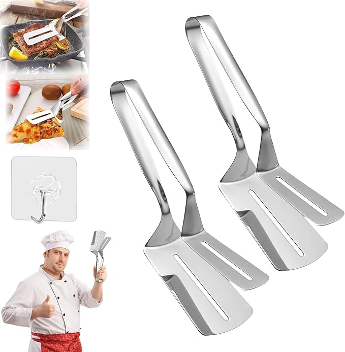 Stainless Steel Grill Clamp, 11.8 in Anti-Scald Extended Handle Spatula Tongs, Multifunctional Stainles Steels Double-Sided Food Flipping Spatula Tongs Clip, for Flipping Steak, Fish (2, A, Short)
