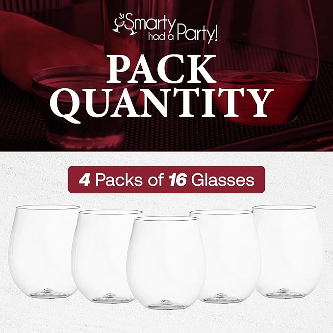 Smarty Had A Party 64 Piece Clear Disposable Stemless Wine Glasses – 12 oz Clear Plastic Cups – Nice Disposable Cups, Plastic Spritz Glasses for Weddings, Birthdays, Parties & All Events