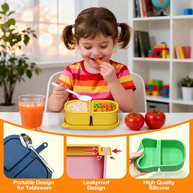 4 Pack Silicone Reusable Snack Containers with Lids, 8.5oz 2 Compartment Snackle Box Leakproof Bento Box Food Storage Container for Lunch, Picnic, School, Office