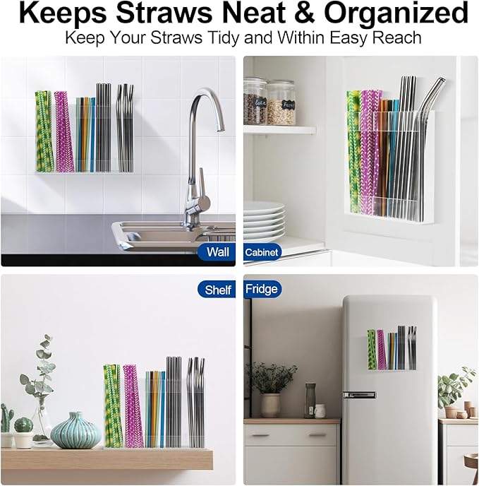 Upgraded Acrylic Straw Holder for Cabinet Door, Fridge & Countertop–Magnetic/Adhesive Dual Mount, Strong Hold, Space-Saving Straw Organizer with Adhesive Tape, Magnetic Sheet