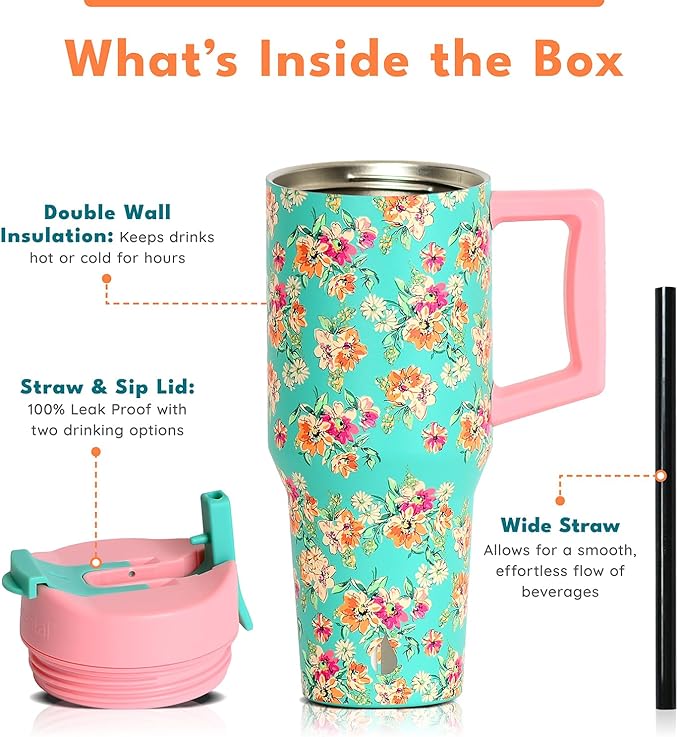 Elemental 32 oz 100% Leak Proof Tumbler with Handle & Straw - Stainless Steel Double Wall Insulated Tumbler for Hot and Cold Beverages - Travel Coffee Mug with Sip & Straw Lid - Vintage Flower