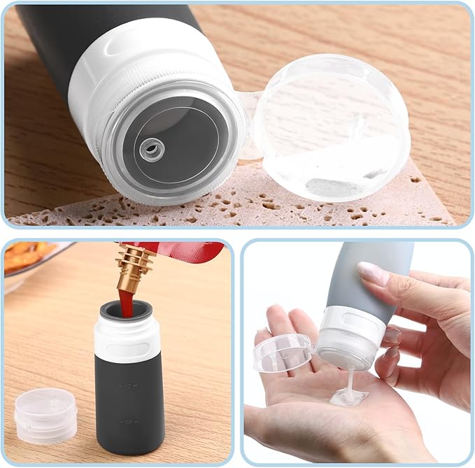 8-Pack Salad Dressing Container To Go, 2-oz Silicone Small Condiment Squeeze Bottles and 1.6 oz Stainless Steel Sauce Containers Cups, Leakproof Condiment Containers with Lids for Lunch Box