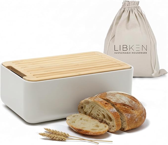 Bread Box – Extra Thick Steel Bin with Bamboo Cutting Board Lid & Drawstring Bag - Modern Scandinavian Metal Box for Kitchen Countertop, Sourdough & Homemade Bread - Warm Grey