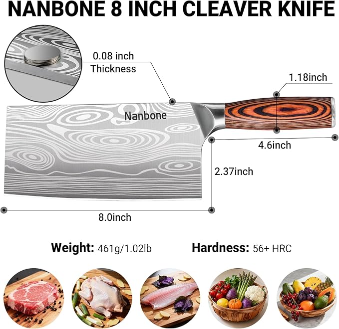 Meat Cleaver Knife Ultra Sharp Kitchen Knife 8 Inch, High Carbon Stainless Steel Butcher Knife with Wooden Handle, Chinese Cleaver for Meat Cutting Vegetable Slicing Perfect Birthday Gifts
