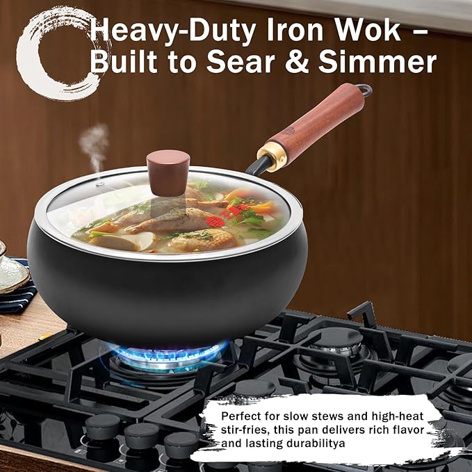 WANGYUANJI 9.5-Inch Iron Wok Pan with Lid & Spatula, Deep Flat-Bottom Stir Fry, Uncoated & Unseasoned, Induction Compatible, Upgraded Wooden Handle