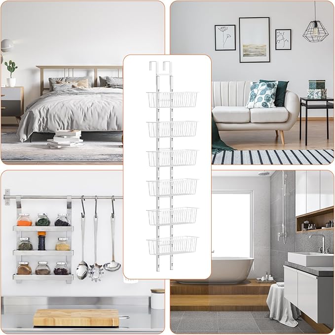 6 Tier Over the Door Pantry Organizer, Over the Door Spice Rack with Adjustable Baskets, Metal Hanging Door Pantry Organizers and Storage for Kitchen Bathroom Bedroom, White
