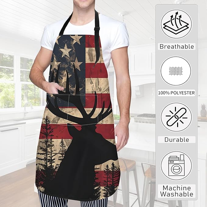 American Flag Deer Apron,Oxford Fabric Adjustable Kitchen Apron with 2 Pockets,Waterproof Cooking Aprons for Men Women Mom Wife Dad,Ideal Gifts for Coffee,Shop,Baking,BBQ,Housewarming,28x33in