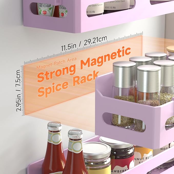 4 Pack Magnetic Spice Rack for Refrigerator, Spice Rack Organizer, Moveable Magnetic Shelf Fridge Organizer with 4 Hooks for Kitchen and Oven Organization, Pink
