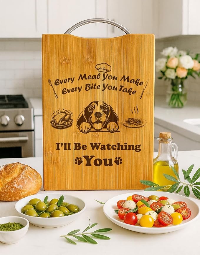 Custom Engraved Bamboo Cutting Board, Funny Dog Gift for Dog Lovers, Holiday Gift, Handmade Rustic Home Decor – I’ll Be Watching You (Beagle)