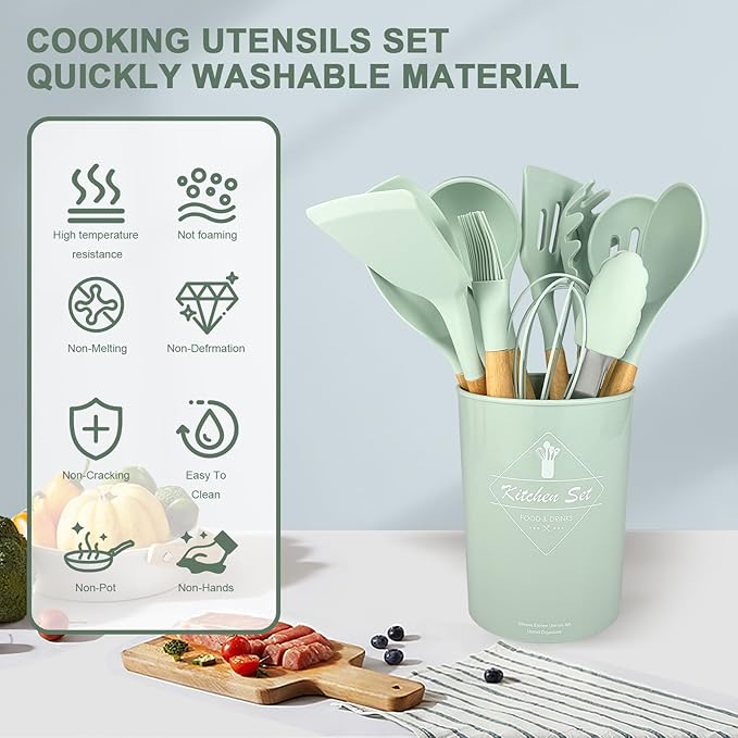 Silicone Cooking Utensils Kitchen Utensil Set - 446°F Heat Resistant Silicone Kitchen Utensils Set, Spatula,Turner Tongs, Spoon, Brush, Whisk,Kitchen Gadgets for Nonstick Cookware, BPA Free (Green)