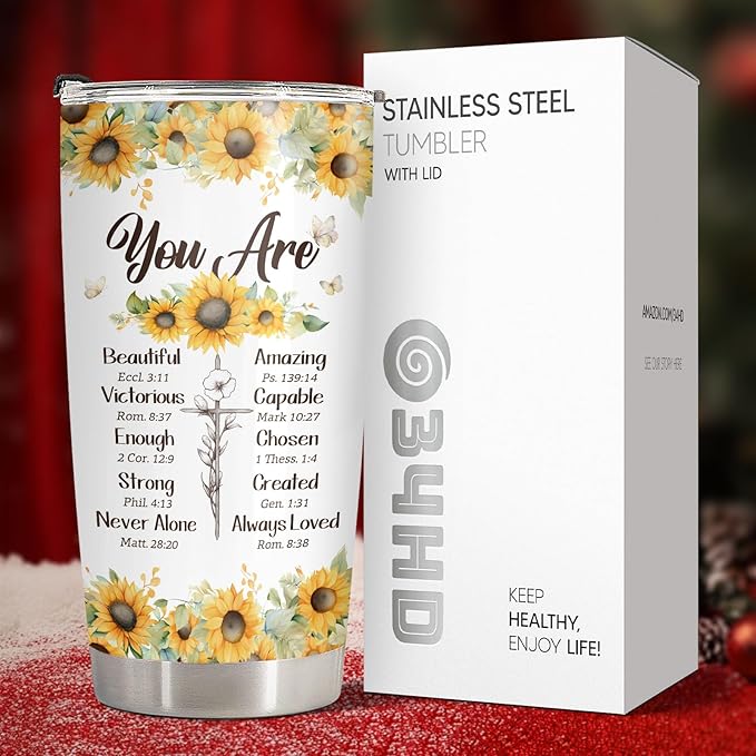 34HD Inspirational Religious Gifts for Women, Christian Tumbler with Lid, 20 oz Stainless Steel Bible Verse Coffee Mug, Sunflower Cup, Mothers Day Gifts for Christian Mom Sisters Friends