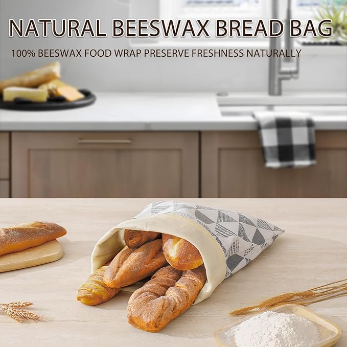 2-Pack Reusable Beeswax Bread Bags for Sourdough, Natural Linen Bag for Homemade Bread，Extend the insurance period(Grey)