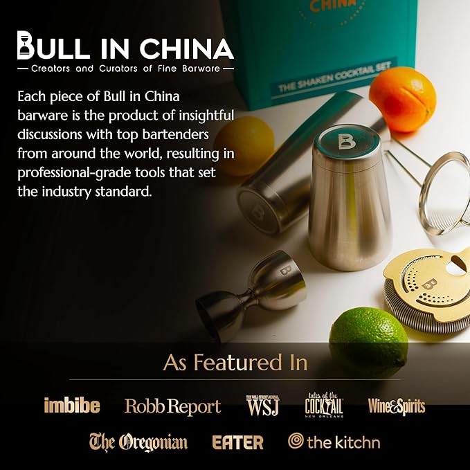 5 Piece Cocktail Kit by Bull In China - Premium Bartender Gift Set Includes Weighted 2 Piece Boston Shaker, Hammered Bell Jigger, Hawthorne Strainer & Fine Mesh Strainer (Gold)
