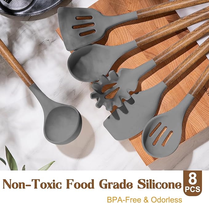 Umite Chef Silicone Cooking Utensil Set, 8-Piece Kitchen Utensils Set with Natural Acacia Wooden Handles,Food-Grade-Silicone Kitchen Gadgets and Spatula Set for Nonstick Cookware - Grey