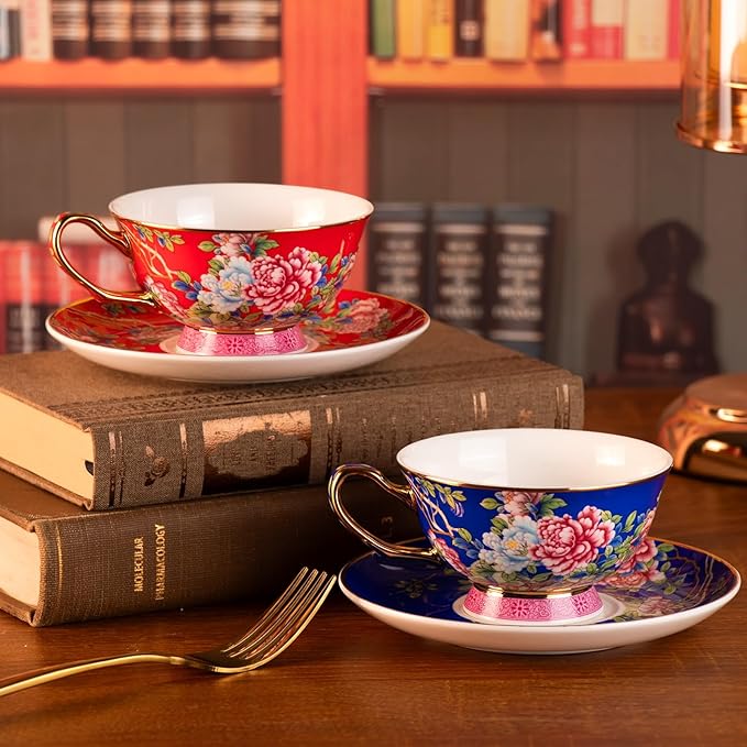 KAMMAK Ceramic Coffee Cups and Saucers Set of 2, Porcelain Espresso Cups with Saucers, 5.64 oz Handcrafted Ceramic Floral Coffee and Tea Cup, Vintage Drinkware for Tea Party, Office, Women Gifts