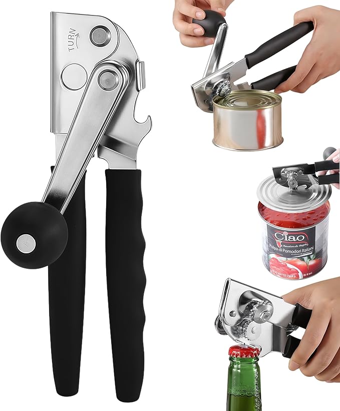 Commercial Can Opener, Hand Crank Can Opener Manual Heavy Duty, Ergonomic Design, with Comfortable Long Handles, Oversized Knob, Large Handheld Can Open Easy for Big Cans, for Seniors, Black