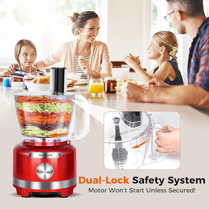 Homtone 16 Cup Food Processor, 9 Functions 7 Blades 3 Speeds for Shredding, Slicing, Doughing, Emulsfying and Meat Vegetable Chopping for Home Use, 600W (Red)
