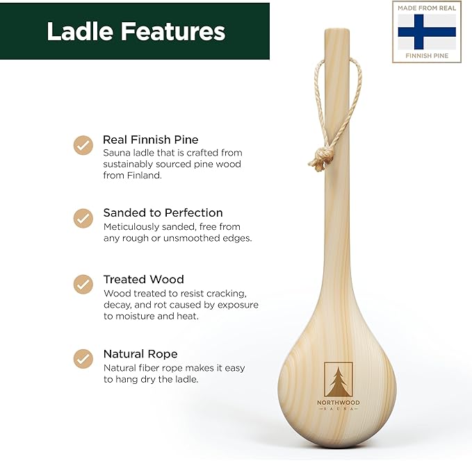 Sauna Ladle - Handmade from Finnish Pine Wood - Natural Rope - 14″ Handle & 3.4 oz (100 mL) Capacity Spoon