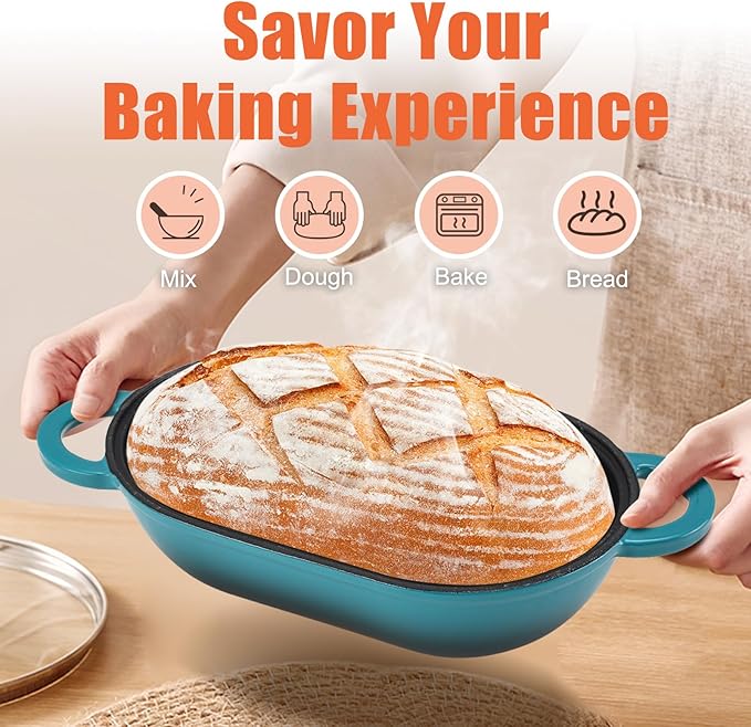 Enameled Cast Iron Sourdough Bread Oven, 5QT Loaf Cast Iron Bread Pan with Lid, Oval Dutch Oven for Homemade Bread Baking, Meatloaf Pan with Lid (Gradient Blue-green)