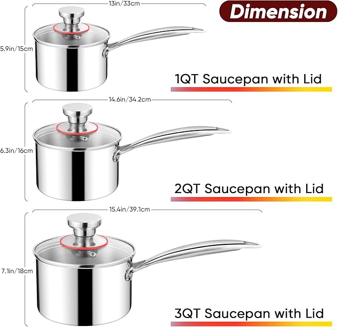 Saucepan Set of 6, Homikit 1QT & 2QT & 3QT 18/10 Stainless Steel Sauce Pans with Lids, Nonstick Tri-Ply Bottom Induction Compatible Small Cooking Pot kitchen Cookware Set, Dishwasher & Oven Safe