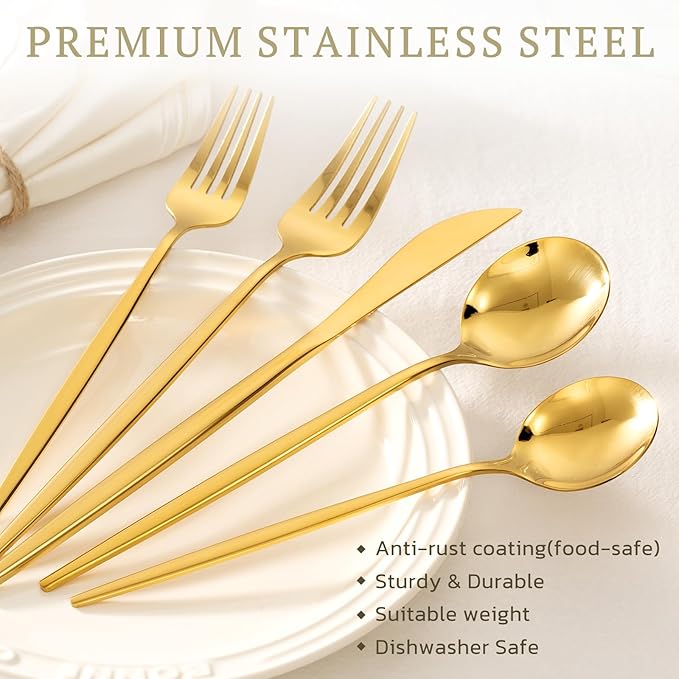 Astercook Silverware Set 48-Piece Gold Flatware Set with Steak Knives Food-Grade Stainless Steel Cutlery Set for 8 Mirror Polished Utensils Set Include Spoons and Forks for Home Kitchen Restaurant