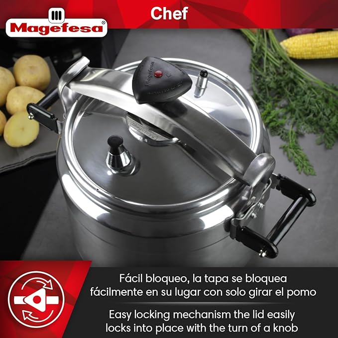 MAGEFESA Chef 16-Quart Aluminum Pressure Cooker – Stainless Steel Lid, Thermodiffusion Base, 3 Safety Systems, Fast & Even Cooking