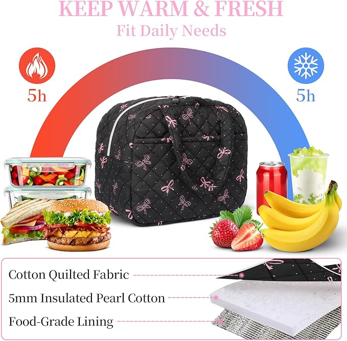 Quilted Lunch Box for Women,Lunch Box for Teen Girls,Cute Black Bow Lunch Bags for Work, School,Office,Picnic,Travel (black bow polka dots)