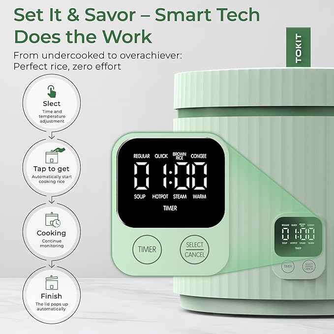 TOKIT Rice Cooker Small 3 Cup Uncooked /6 Cup Cooked, Modern Multifunctional Mini Rice Cooker with 24-H Timer & Warmer for 1-3 People Ceramic Coated Non-Stick Pot 8 Cook Functions, Avocado Green