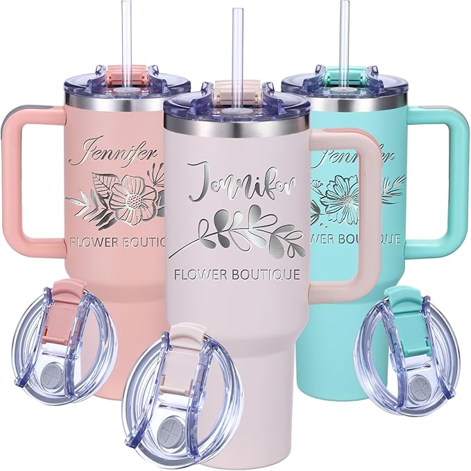 iProductsUS Personalized 40oz Tumbler with Handle & Straw Christmas Gift for Mom or Wife! Custom Engraved Name & Birth Flower, Spill-Proof Lid, Mom Coffee Travel Mug! (Pink Rose Quaretz