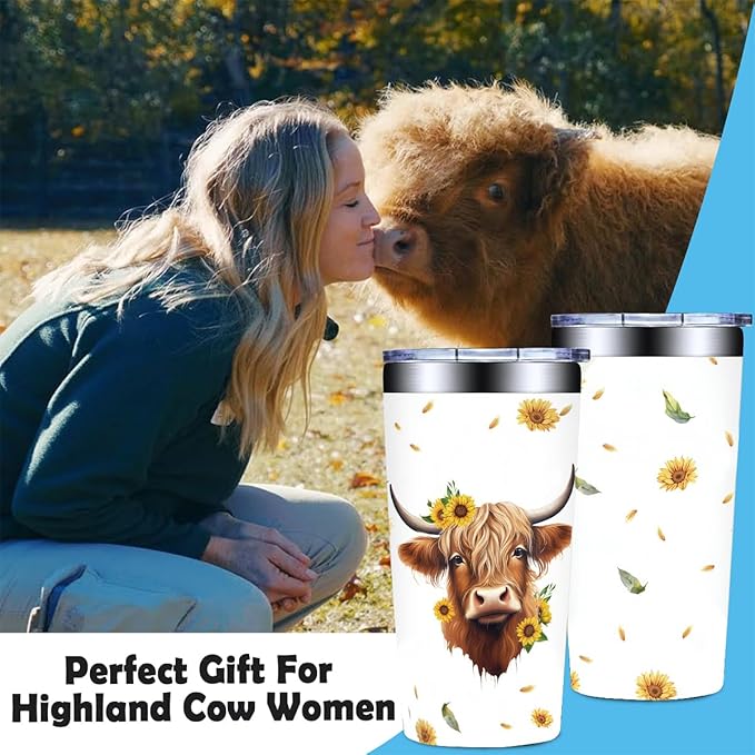 Highland Cow Tumbler - 20oz Stainless Steel Travel Mug, Cute Highland Cow Gifts for Women Friends, Birthday Gifts for Cowgirl, Farming Gifts for Female Farmers, Lover Presents for Friends, Bestie