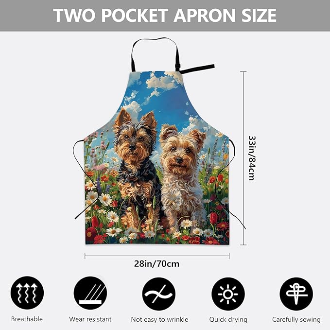 Cute Yorkshire Terrier Dog Apron, Adjustable Kitchen Charming Floral Aprons with Pockets for Cooking BBQ Gardening, 28×33 IN, Holiday Gifts for Women Men Wife, for Chef Baking, Oxford Fabric