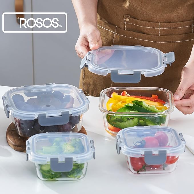 Glass Food Storage Containers with Lids, 4 Pack, Airtight, Leak Proof, BPA Free, Oven/Dishwasher Safe, Grey