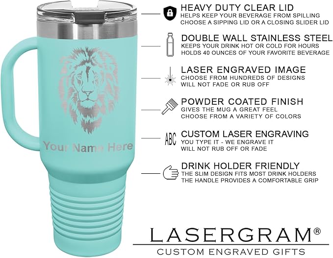 LaserGram 40oz Vacuum Insulated Travel Mug with Handle, Sushi, Personalized Engraving Included (Teal)