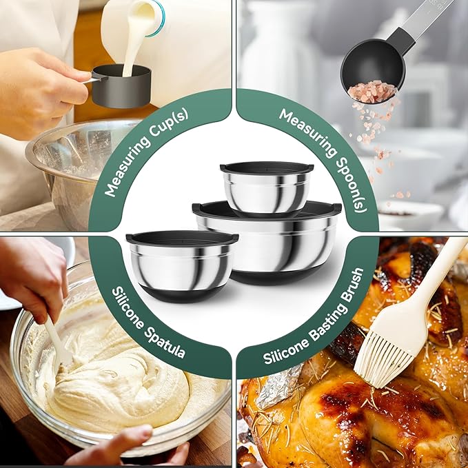 Mixing Bowls with Airtight Lids, Stainless Steel Nesting Bowl Set (1.4/2.8/5QT) with Colander, Grater, Measuring Spoons, Spatula & Oil Brush – Non-Slip Bottom Kitchenware Set (Black)