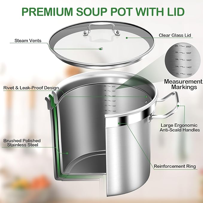 Stainless Steel 20 Quart Stockpot with Tempered Glass Lid, 3-Ply Base, 8.8 lbs, Polished Finish, Suitable for Stovetop and Oven, Dishwasher Safe