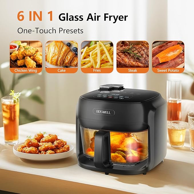 BOSWELL Glass Air Fryer, 7.5QT Borosilicate Bowl with Circulating Heat, Digital Touchscreen, 400°F Max Temp, Oil-Free Fryer with Mist Function, Dishwasher Safe (Black)