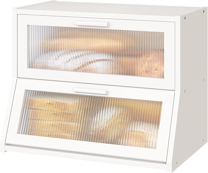 White Large Bread Box for Kitchen Counter, Bamboo Wooden Double Layer Large Capacity Bread Storage Bin with Acrylic Wavy Door Panel