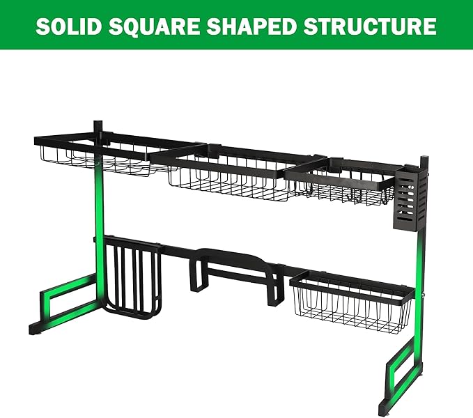 LUCKYERMORE Over The Sink Dish Drying Rack, 2 Tier Dish Drying Rack,Dish Drainer Rack for Kitchen Counter Organization and Storage,Space-Saving Dish Rack,33.4" x 12.5" x 20.4", Black