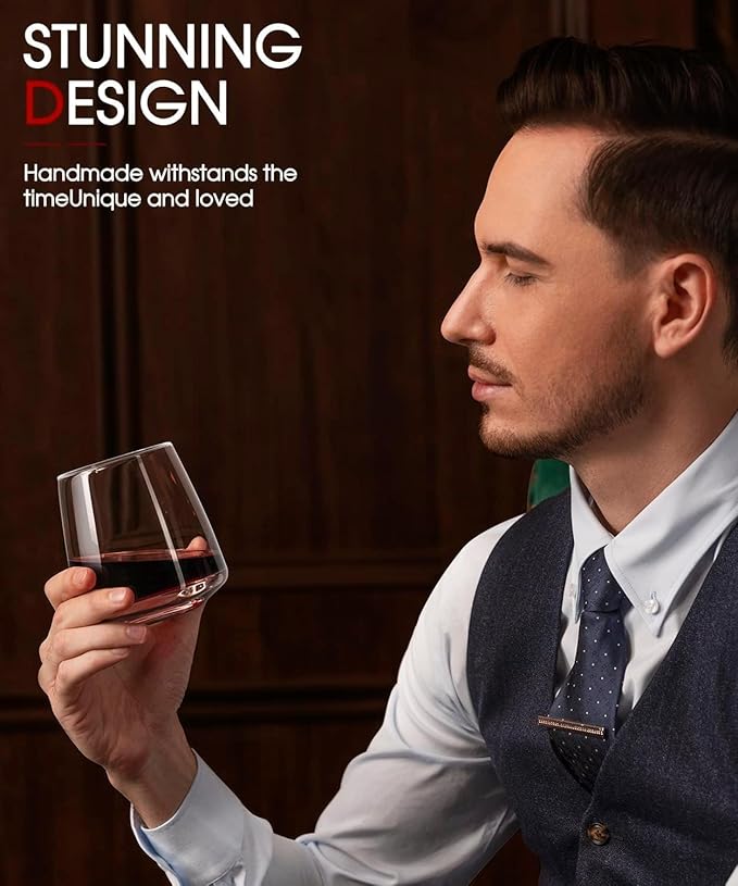 Stemless Wine Glasses Set of 6 13.5oz, Hand Blown Red White Wine Glasses Unique Gifts for Him Her for Birthday, Wedding, Christmas, Anniversary