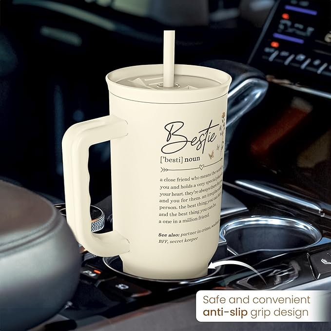 Best Friend Tumbler with Handle 40oz, Bestie Cups for Women Stainless Steel Coffee Travel Tumblers with Straw, Bestie Gifts for Female Friends BFF, Friendship Gift for Birthday Christmas Valentines