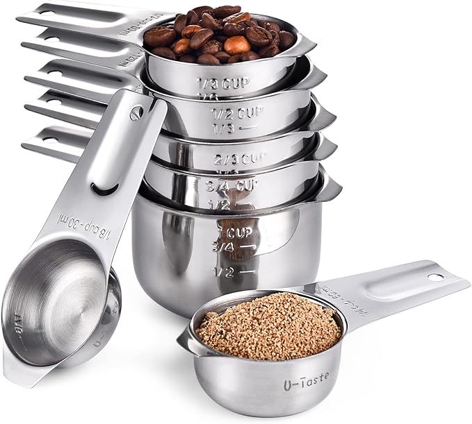 Measuring Cups: U-Taste 18/8 Stainless Steel Measuring Cups Set of 7-Piece: 1/8 cup, 1/4 cup, 1/3 cup, 1/2 cup, 2/3 cup, 3/4 cup, 1 cup Dry and Liquid Ingredients