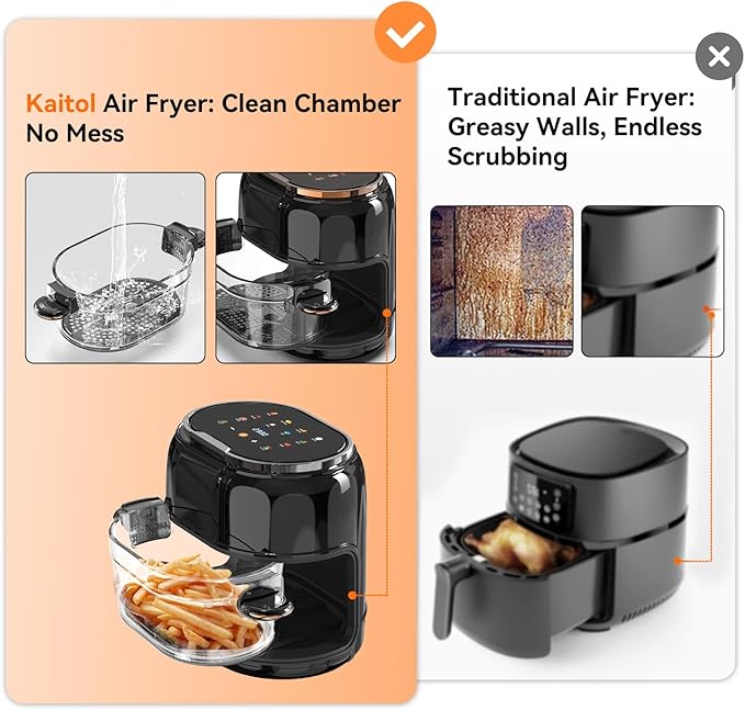 6QT All-Glass Air Fryer with 360° View - 8-in-1 Functions (Fries/Wings/Fish/Shrimp), Presets, Digital Touchscreen, Nonstick Basket, Dishwasher Safe, Extra-Long Design for Whole Fish & Asparagus