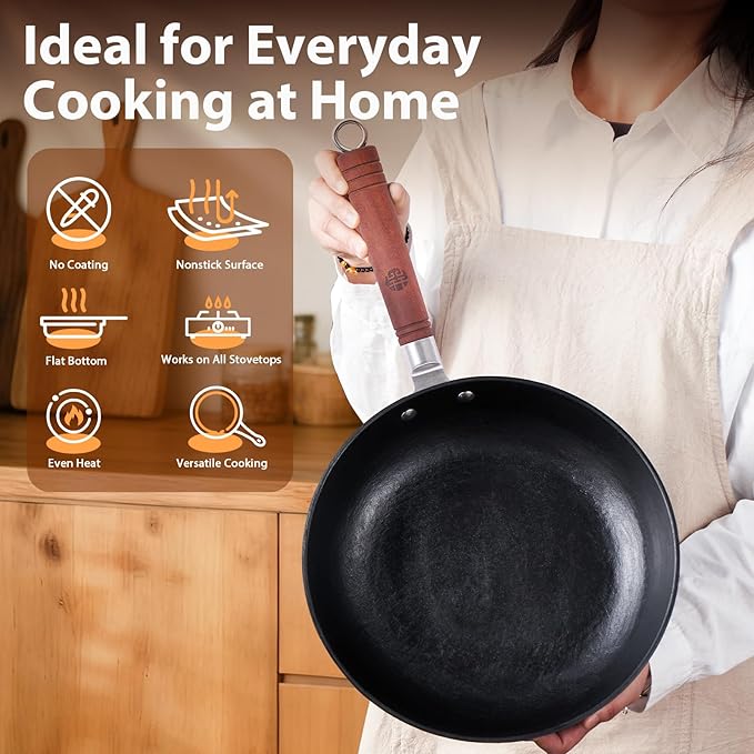 WANGYUANJI 11 Inch Cast Iron Skillet with Glass Lid, Deep Flat Bottom Frying Pan, Uncoated Naturally Nonstick Pan for Steak, Eggs & Stir-Fry, Compatible with Gas, Electric & Induction Cooktops