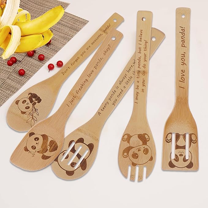 5PCS Panda Wooden Cooking Spoons Set Panda Gifts for Women Kitchen Decor Bamboo Cooking Utensil Spoons for Housewarming Wedding Anniversary Thanksgiving Christmas Gifts Mom Women