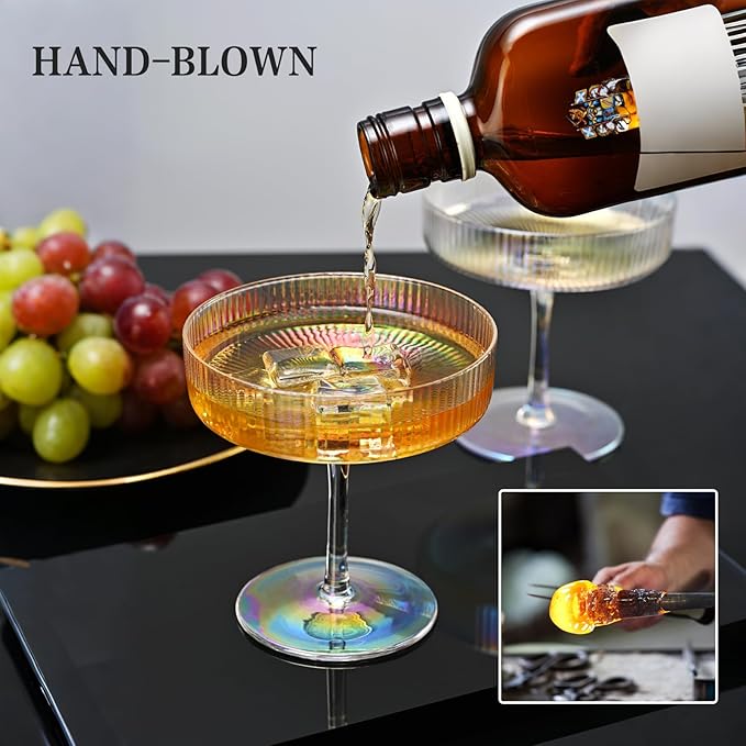 CUKBLESS Iridescent Martini Glasses Set of 6, Champagne Coupe Glasses, Hand Blown Vintage Ribbed, Cocktail for Margarita, Whiskey, Dessert, 7 oz